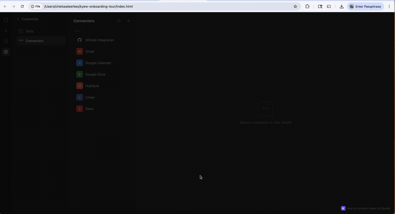 Animated walkthrough of adding Kyew as a custom connector in Claude.ai