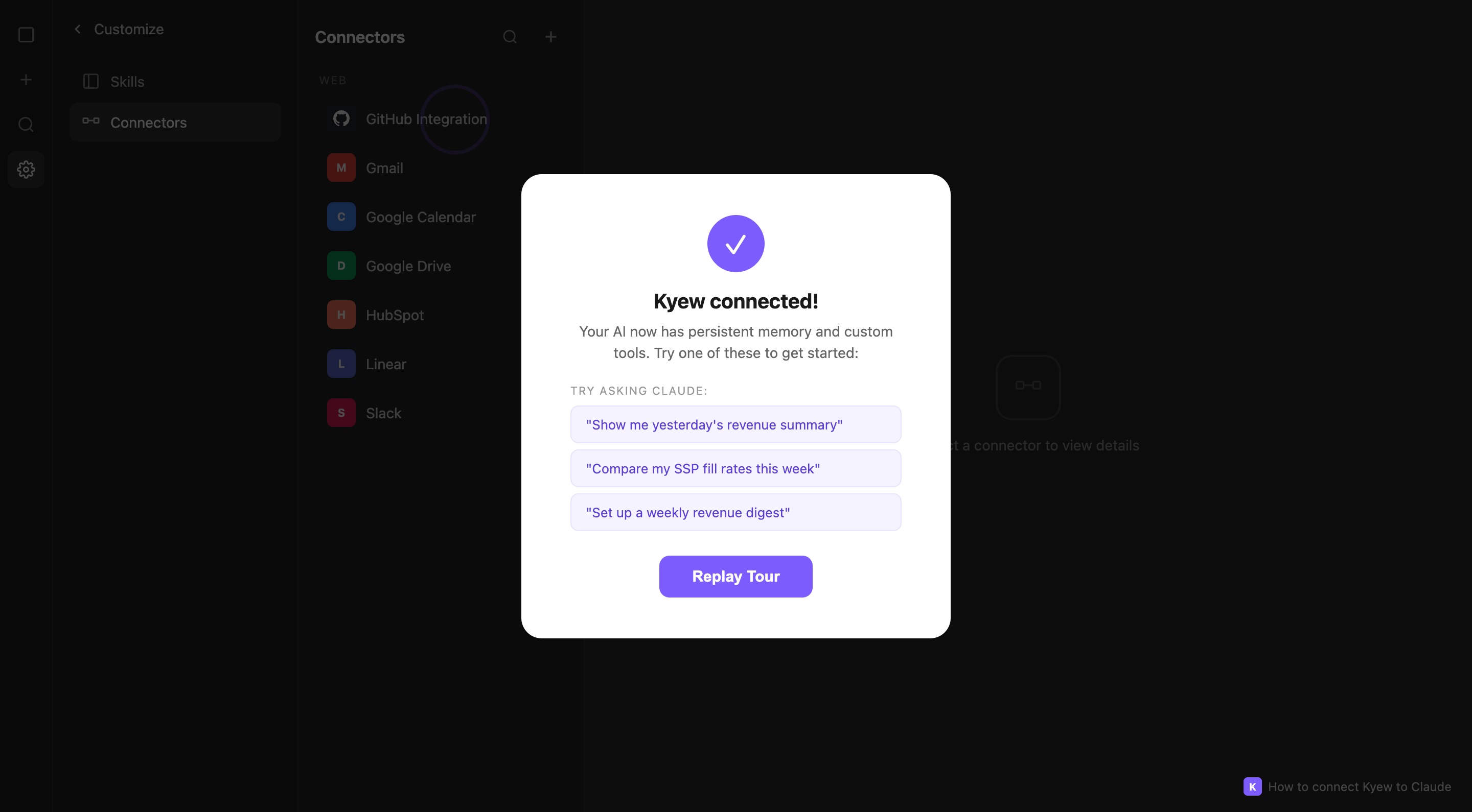 Success screen showing Kyew connected with example prompts to try